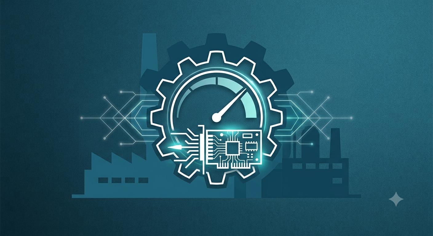 Futuristic industrial tech illustration with glowing gear, circuit board, and speedometer on blue background.