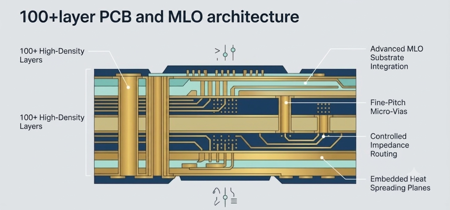 Technical diagram of 100+ layer PCB and MLO architecture with labeled components.