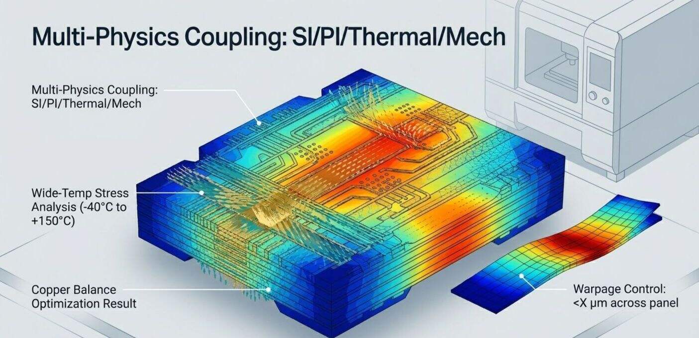 3D multi-physics simulation of thermal, mechanical, and electrical coupling in chip packaging.