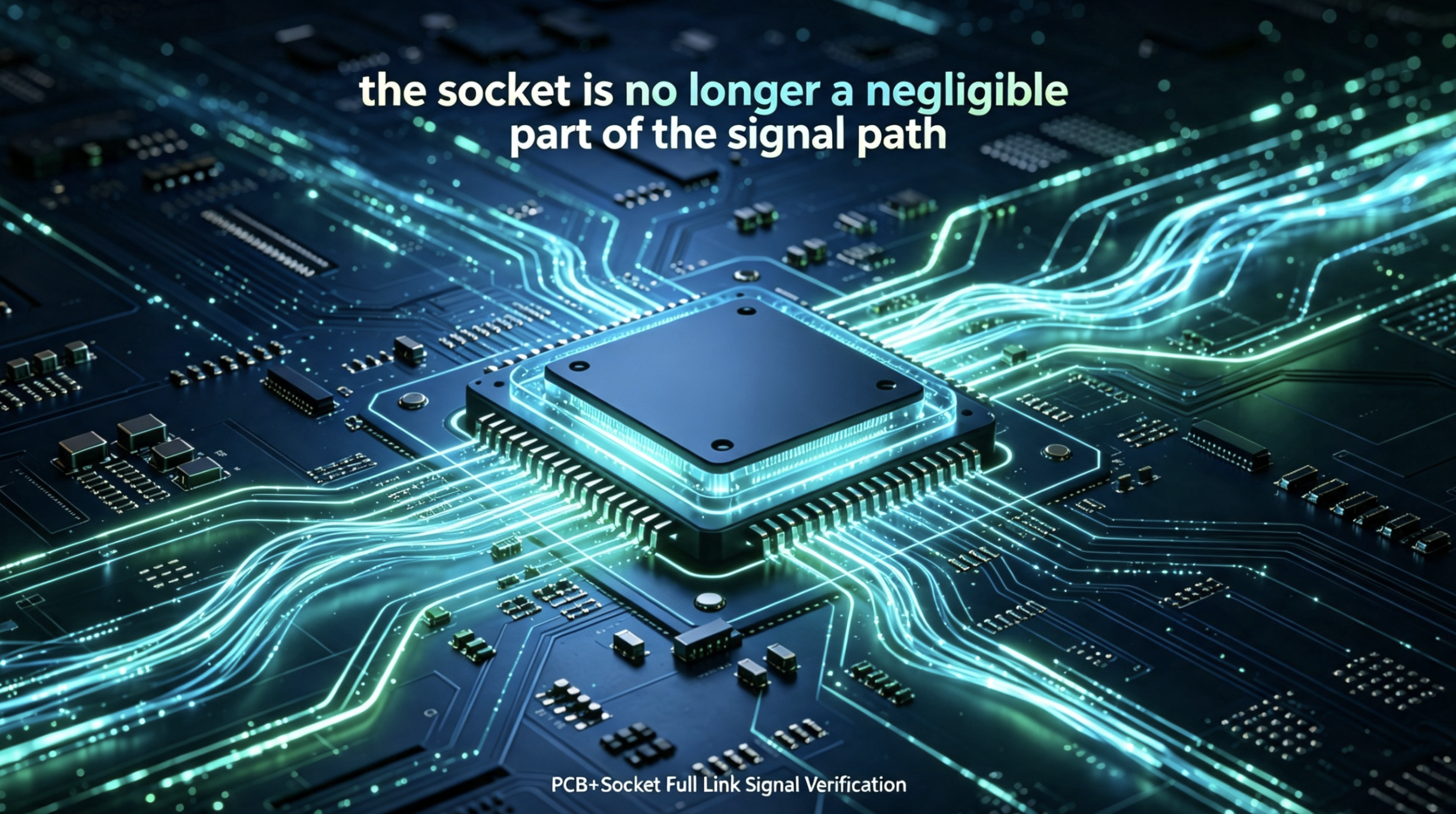 A futuristic PCB with glowing blue signal traces and a central microchip, emphasizing advanced signal integrity.