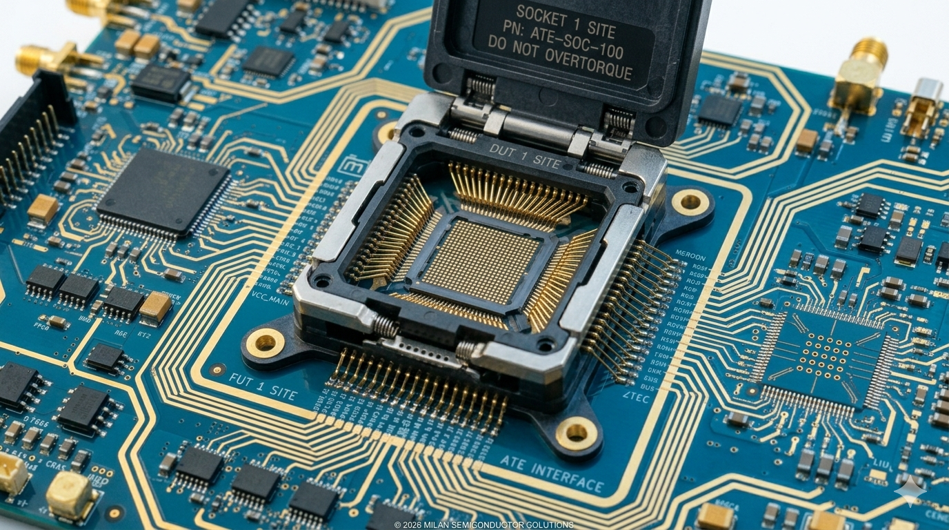 Close-up of a blue circuit board with an open CPU socket, showcasing intricate gold traces and electronic components.