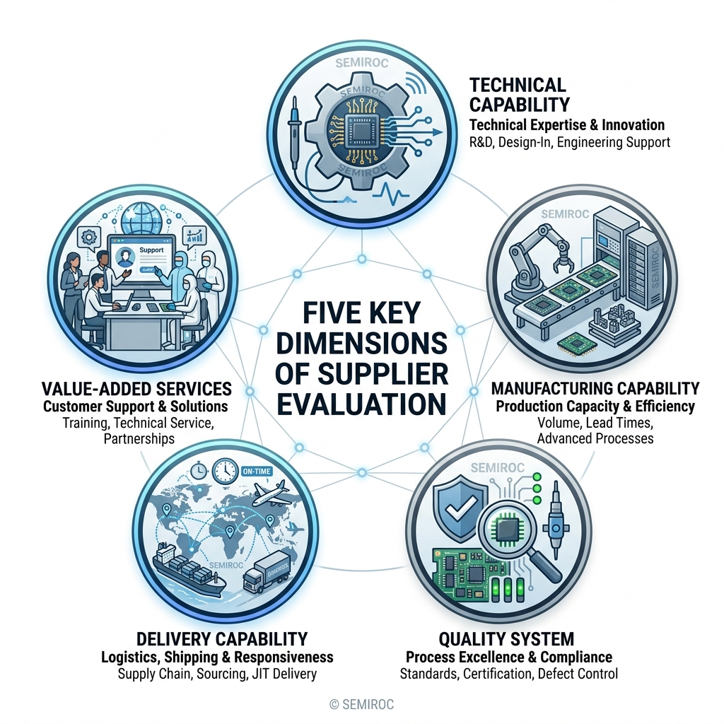 Infographic showing five key dimensions of supplier evaluation: technical manufacturing quality delivery value-added services
