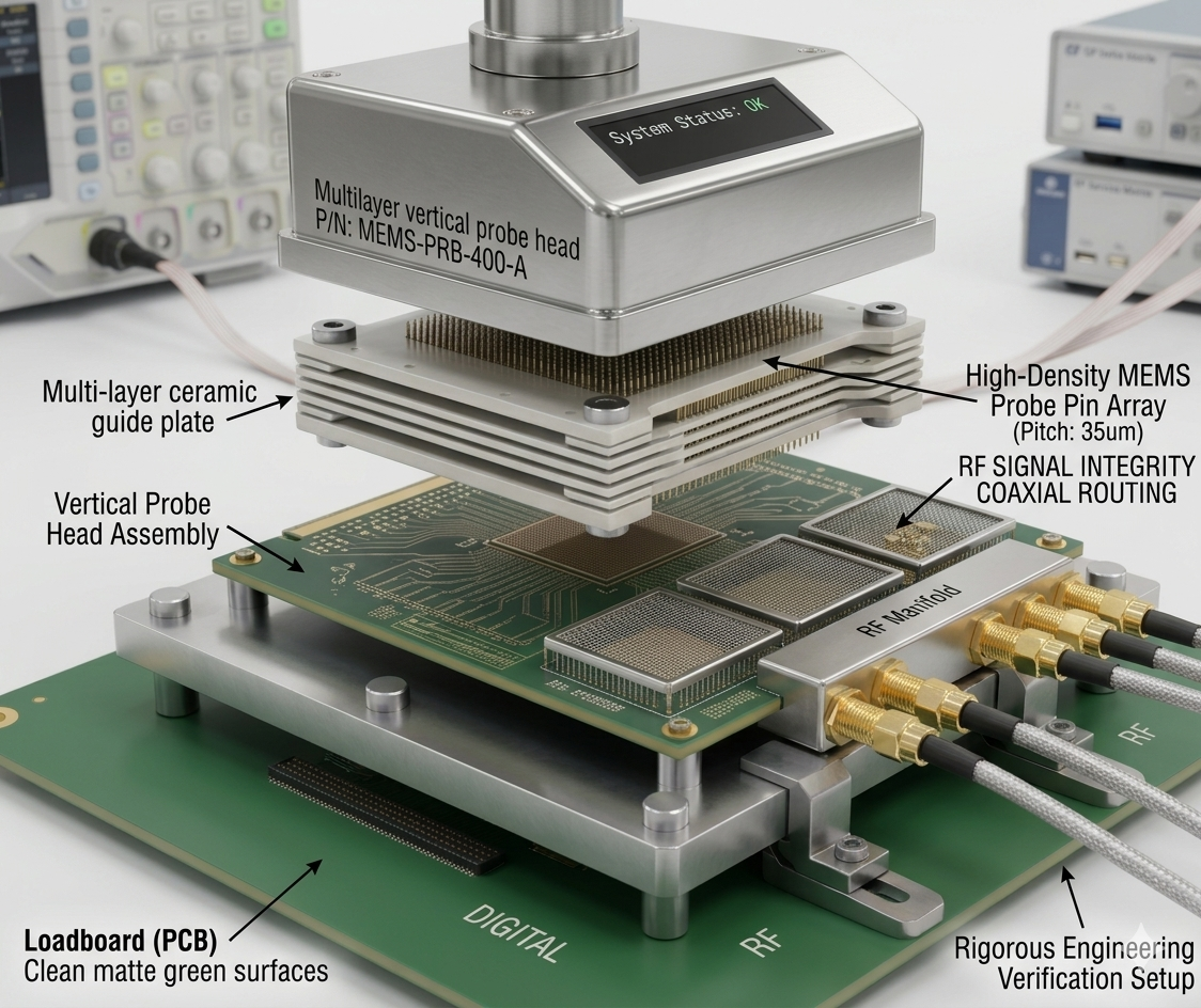 High-precision MEMS probe station setup with labeled components for RF signal testing on PCB.