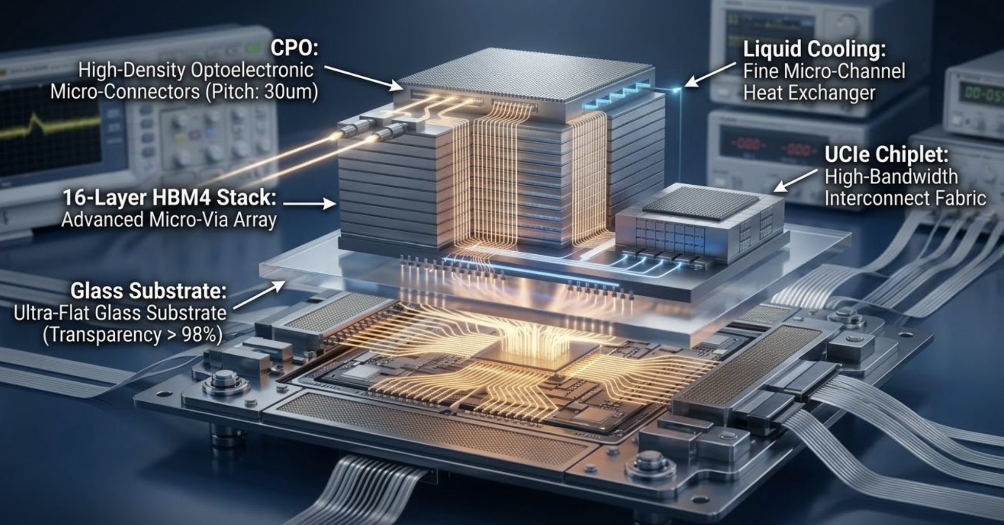 Advanced microchip architecture with labeled components, showcasing high-density connectors, liquid cooling, glass substrate.