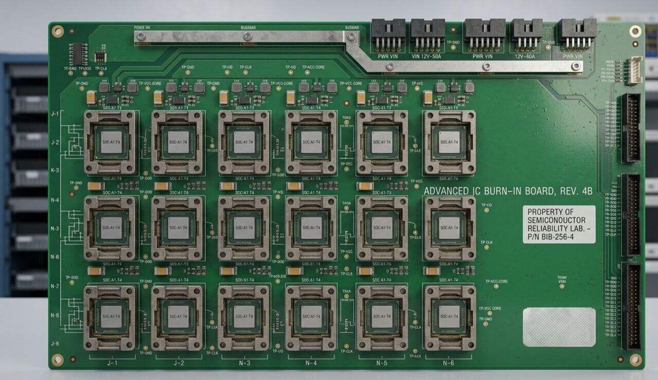 Green IC burn-in test board with 16 chip sockets, labeled for semiconductor reliability testing in a lab.