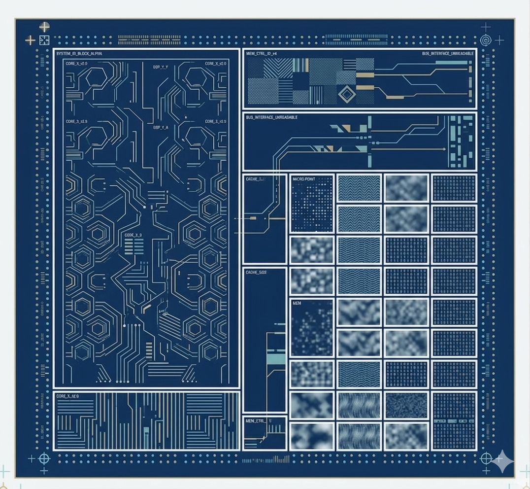 A futuristic blue circuit board schematic with hexagonal patterns, grids, and modular components.