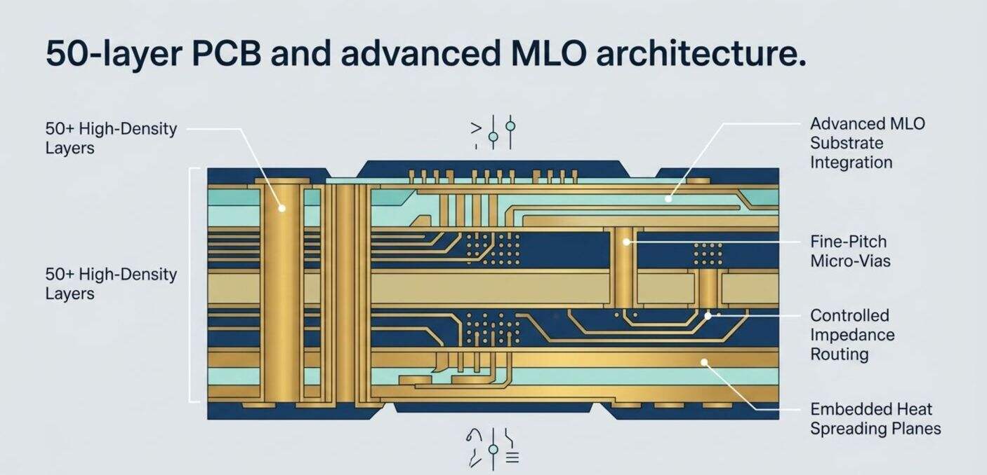 Technical diagram of 50-layer PCB with advanced MLO architecture, highlighting dense layers, micro-vias, and thermal manage