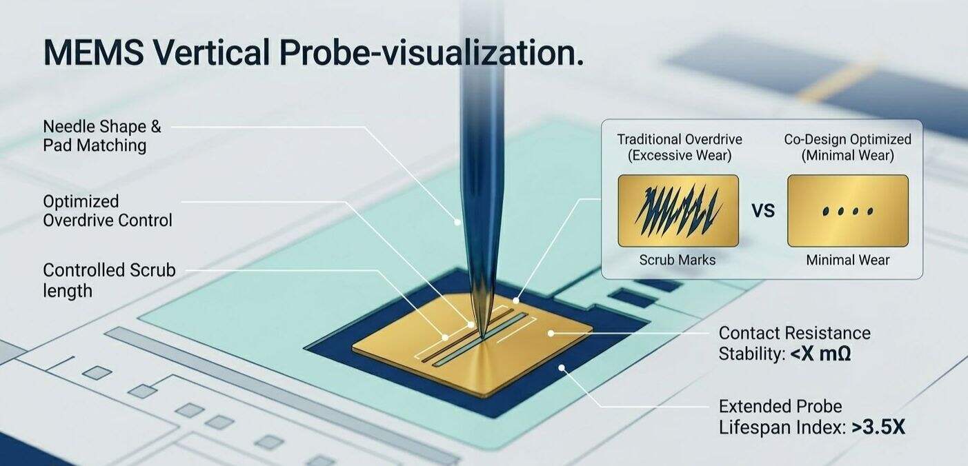 Technical diagram comparing traditional vs. co-design optimized MEMS vertical probes for semiconductor testing.