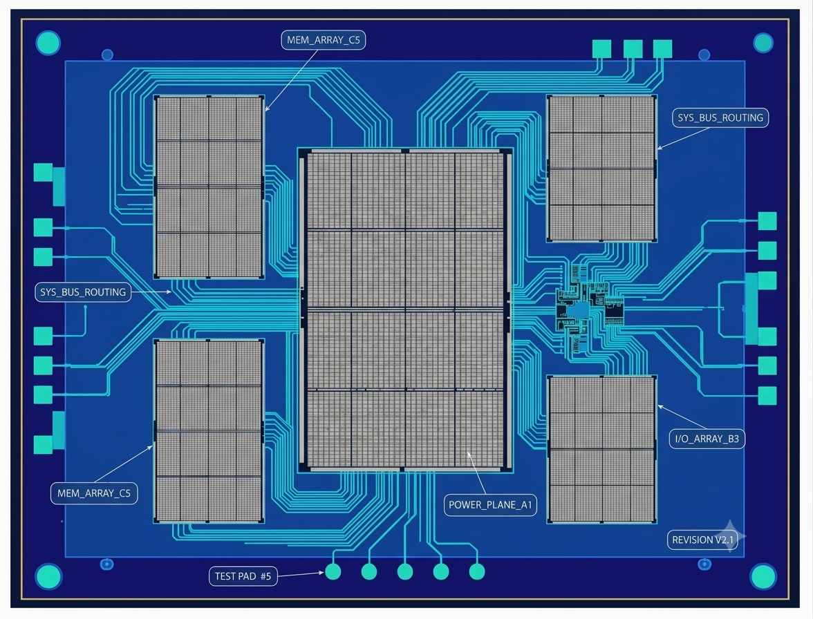 Blue printed circuit board layout with labeled components, routing traces, and memory arrays.