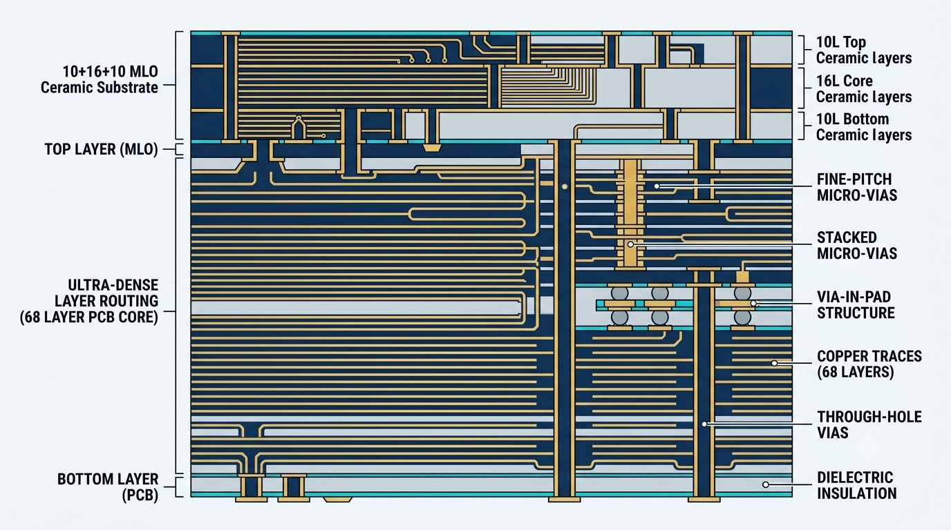 Technical diagram of a multilayer PCB with ultra-dense routing, copper traces, and stacked micro-vias.