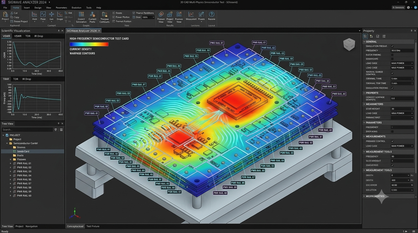 3D thermal simulation of a circuit board in CAD software, showing heat distribution via color gradient.