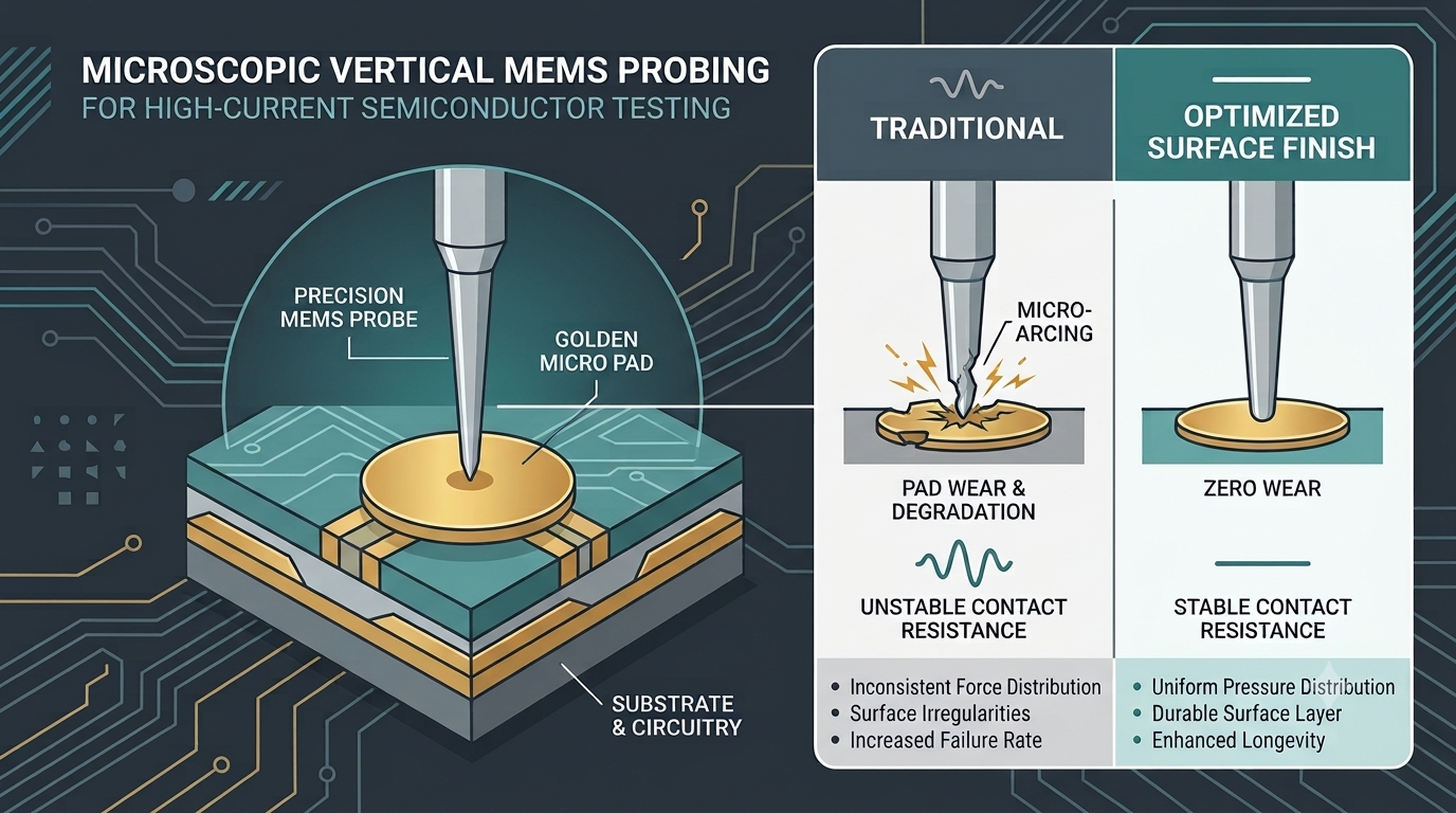 Infographic comparing traditional vs optimized MEMS probing for testing, highlighting wear and contact stability.