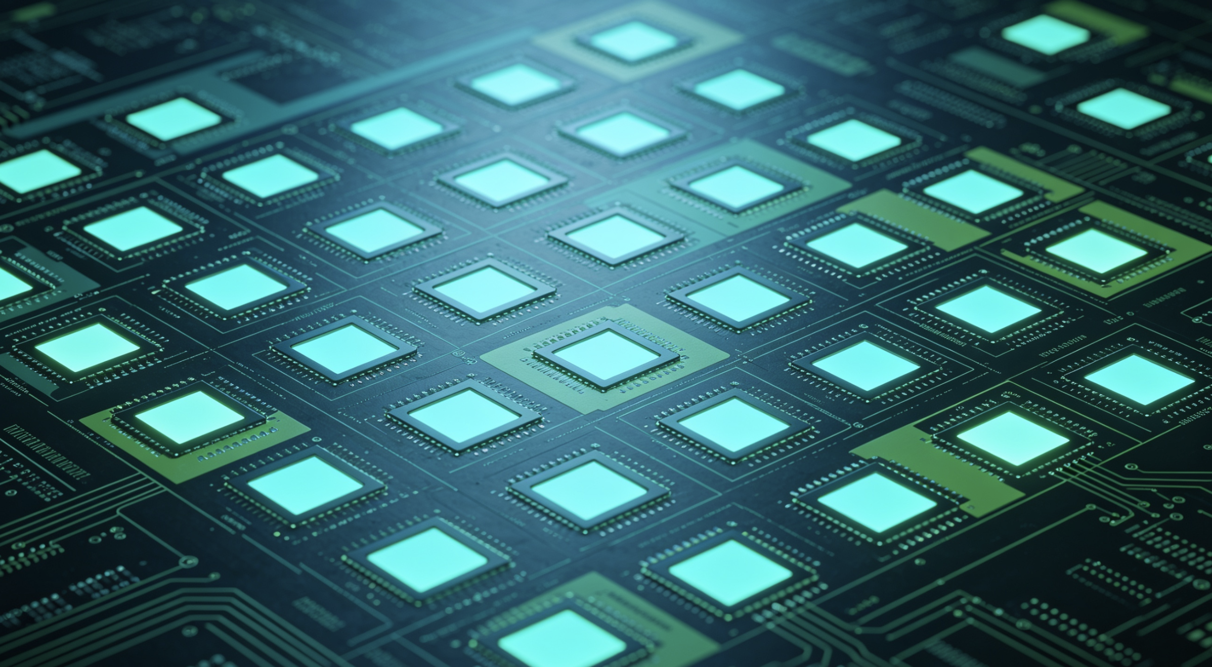 Glowing microchips on a circuit board with blue and green lighting, evoking advanced technology and digital innovation.