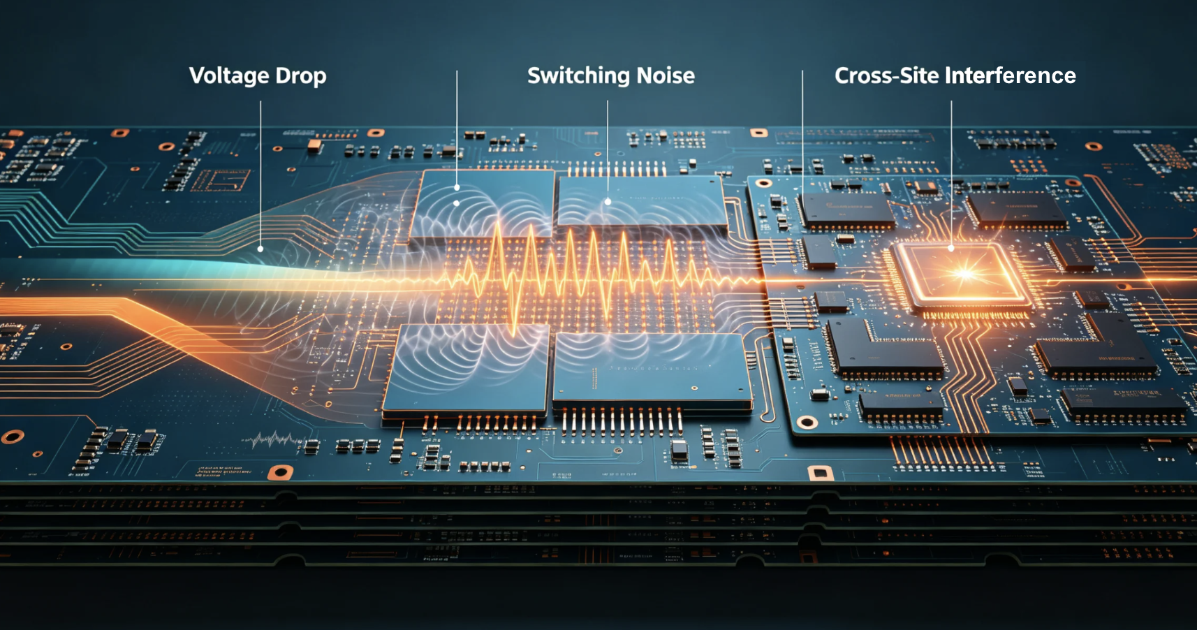 Technical illustration of a PCB showing voltage drop, switching noise, and cross-site interference with orange signal waves.
