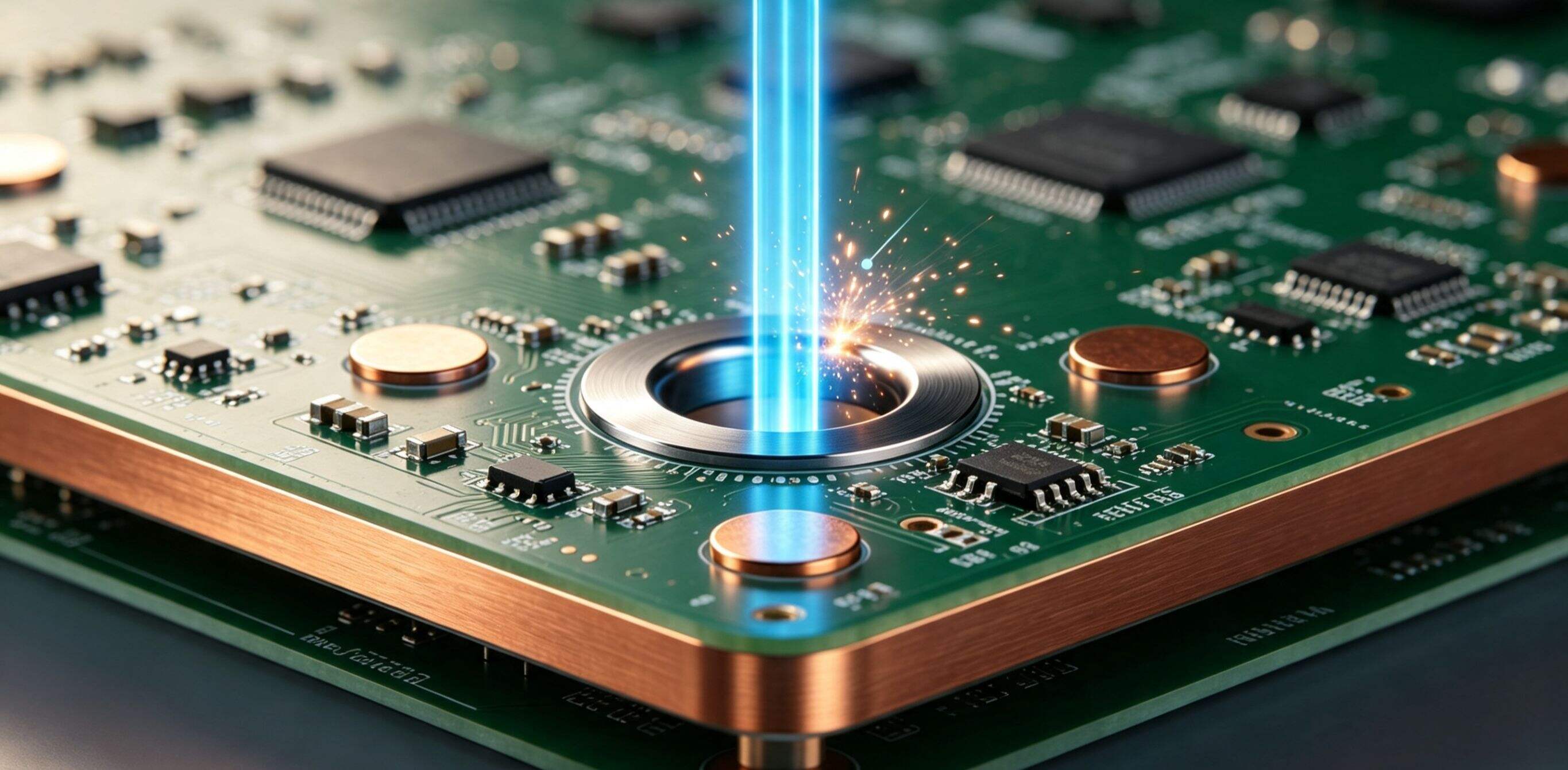A green circuit board with a blue laser beam striking a central component, emitting sparksymbolizing advanced tech 