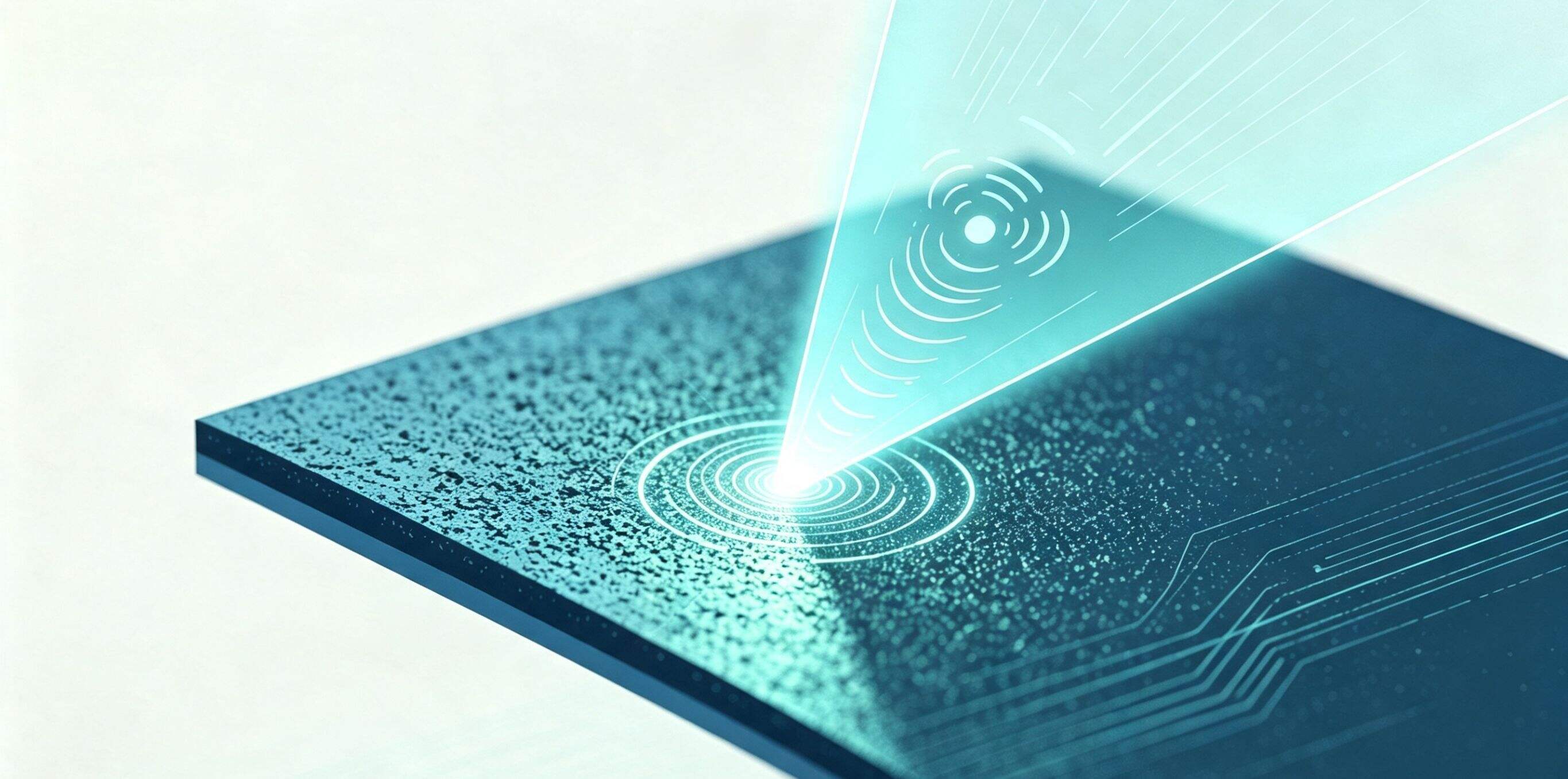 A futuristic tech scene with a blue laser beam interacting with a circuit board, emitting concentric light waves.