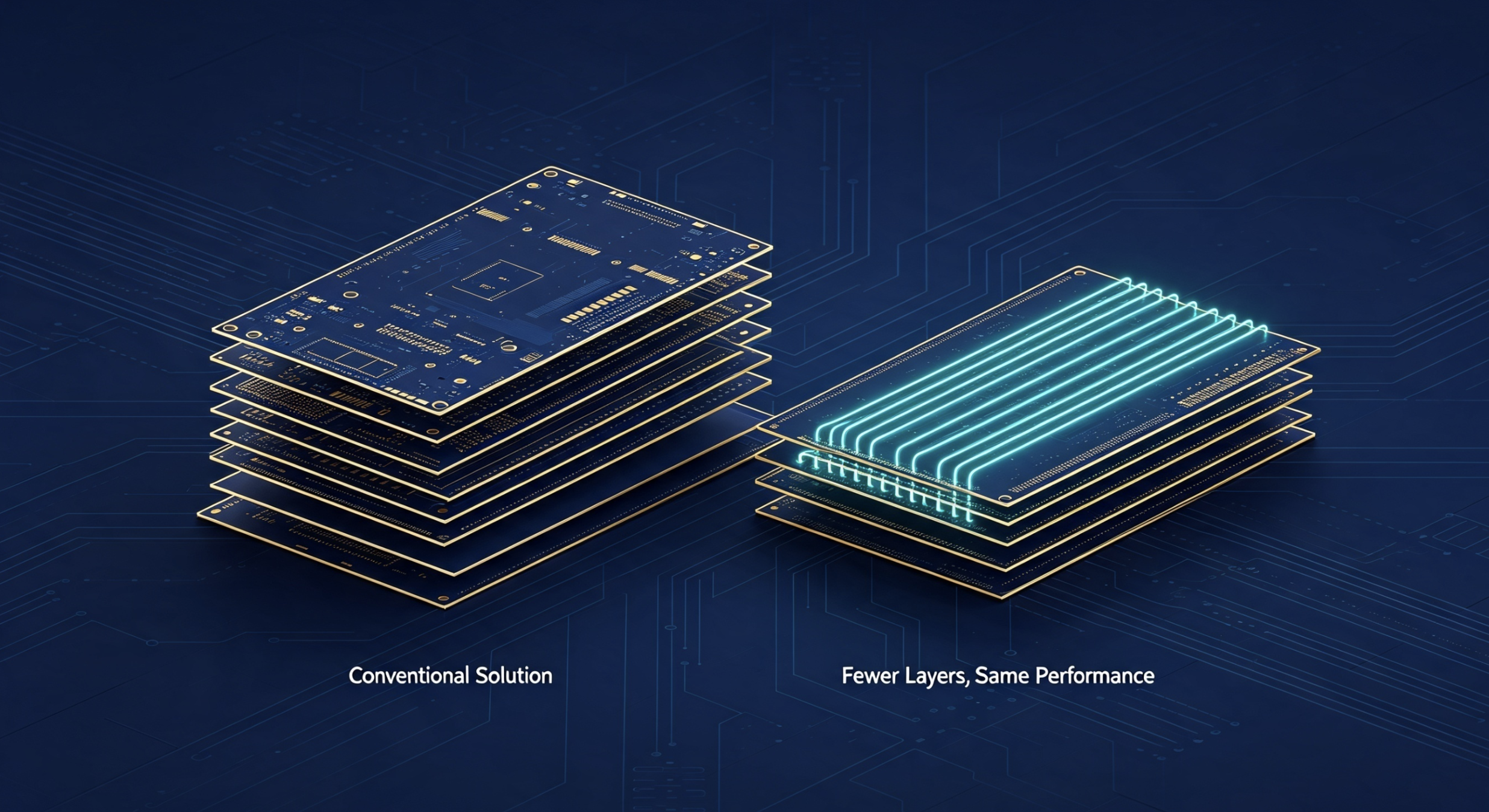 Side-by-side comparison of conventional vs. optimized circuit board stacks, highlighting fewer layers with same performance.