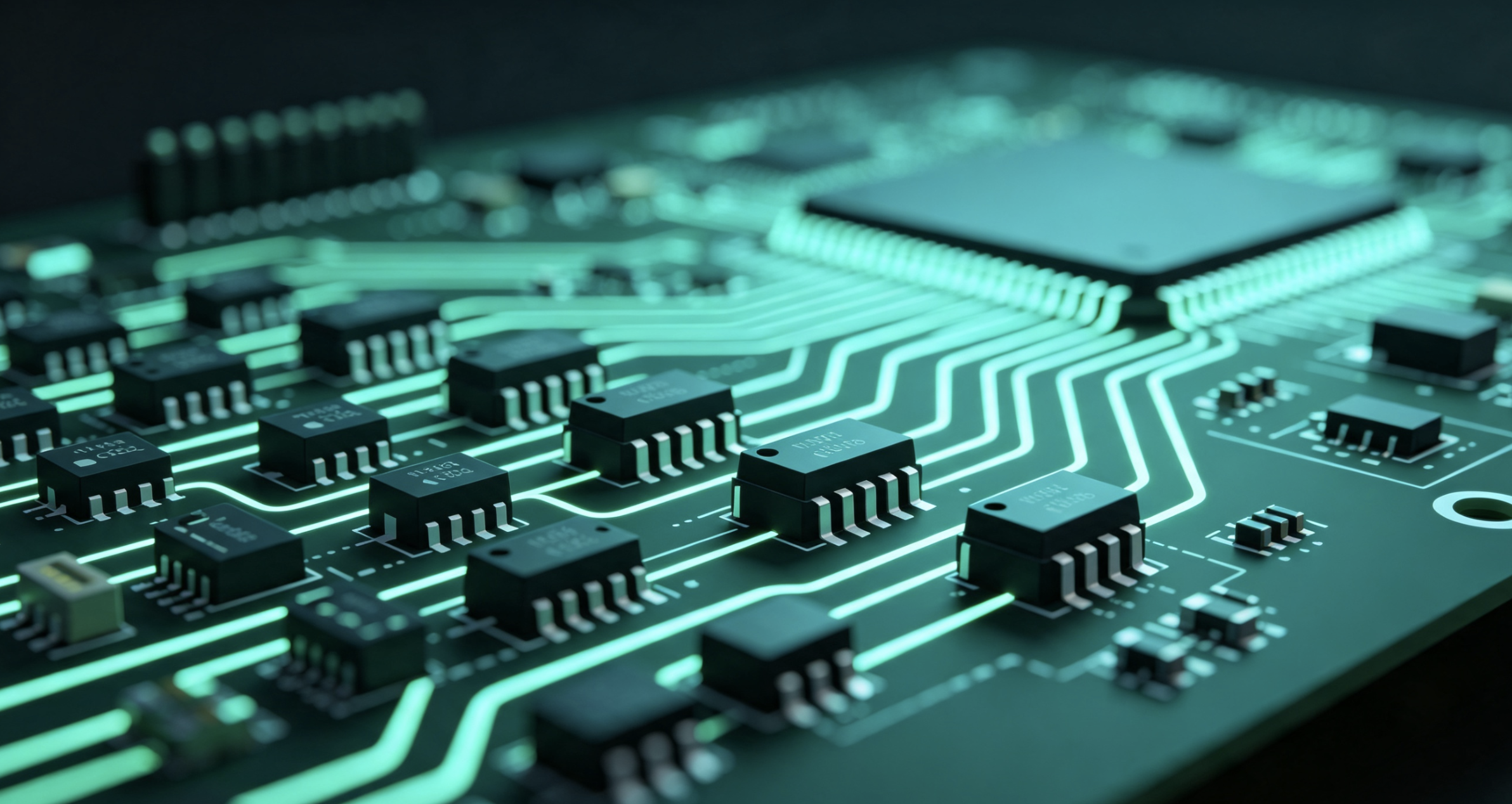 Close-up of a green-lit circuit board with microchips and intricate traces, evoking high-tech precision.
